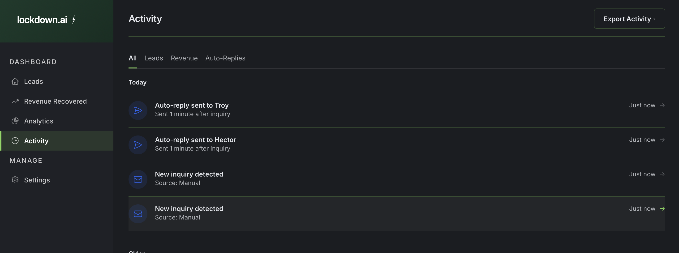 Activity: auto-replies, new inquiries, activity feed